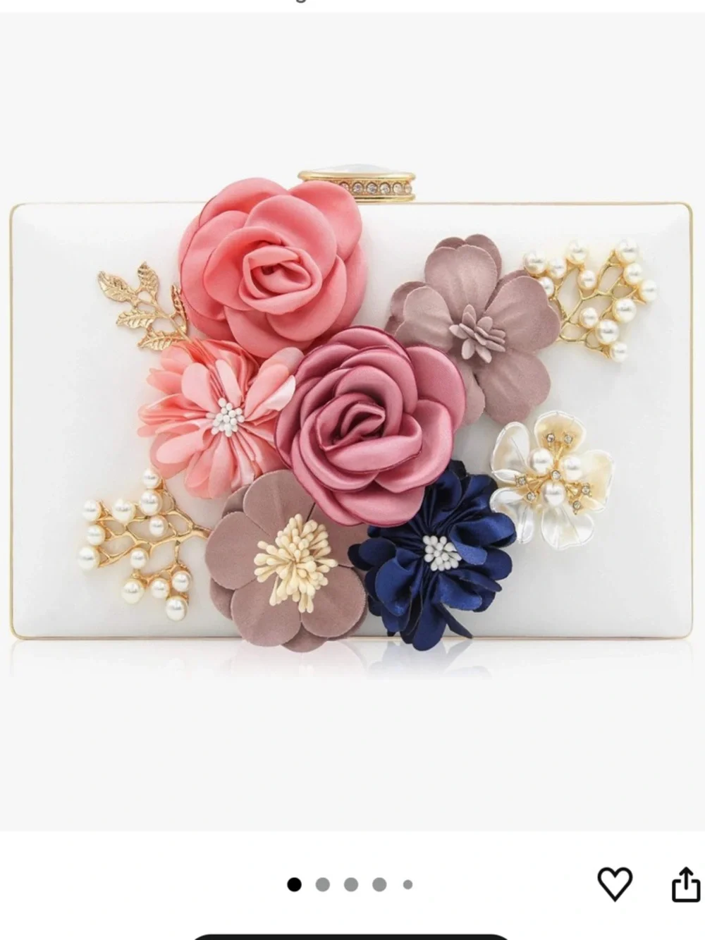 Floral Appliqué Evening Clutch - White with Pink, Mauve & Navy Flowers